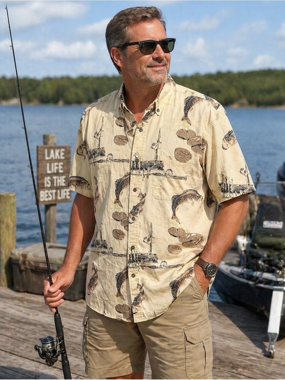Bluff Creek Outfitters Fishing Shirt Mens Bass Print Button Down Lake Cabin L